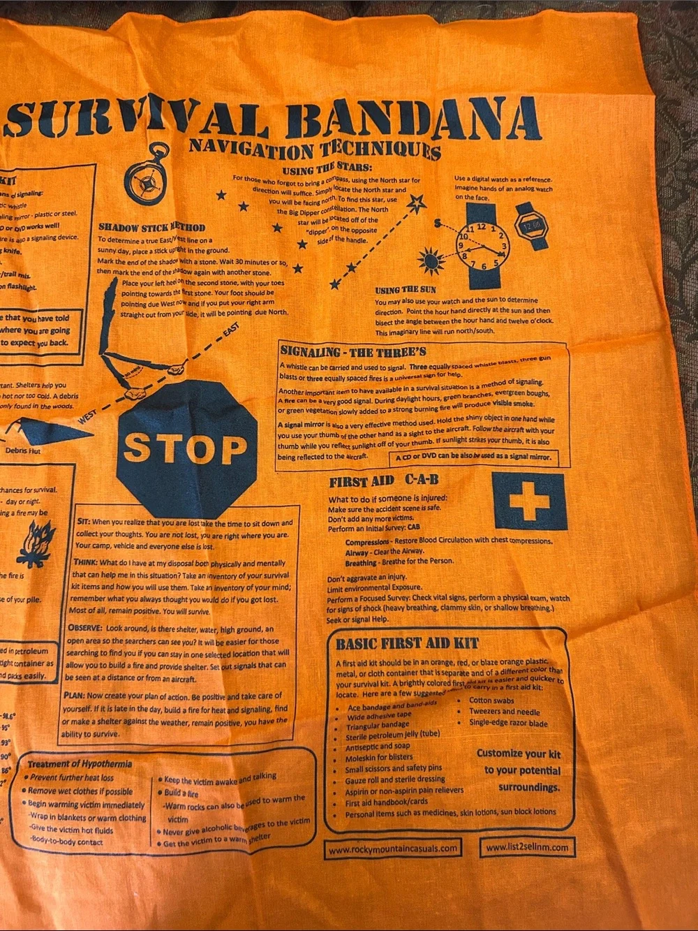 Survival Bandana Printed Navigation & First Aid Tips - Orange Hunting/Hiking New